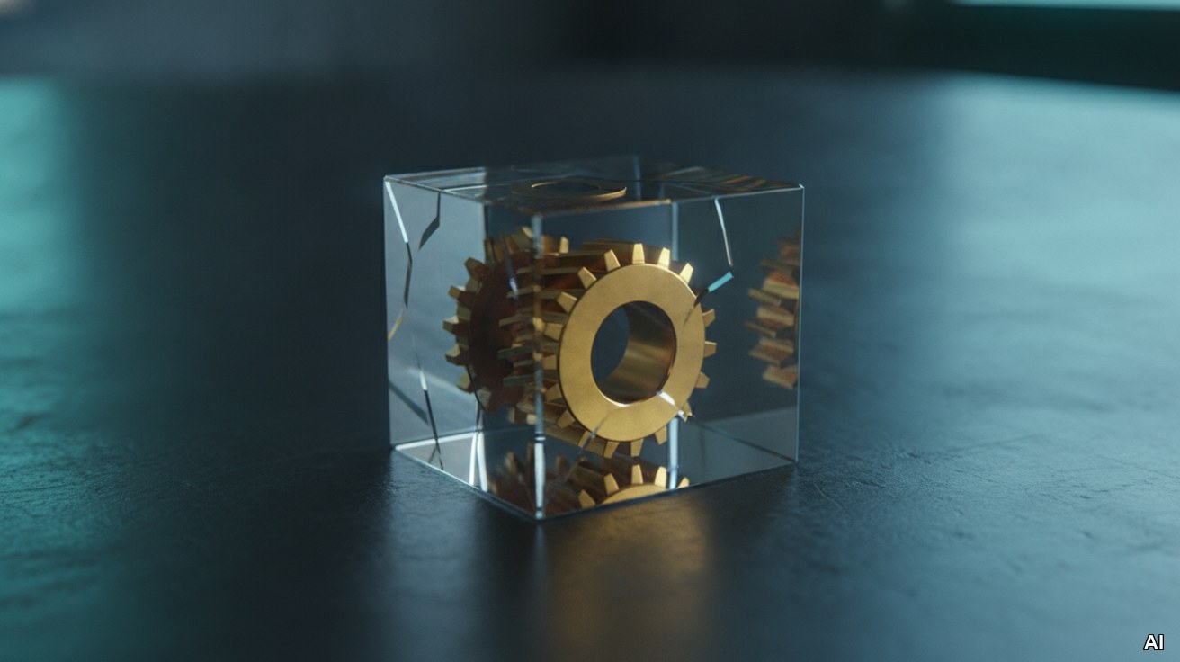 Ein gläserner Kubus mit goldenem Zahnrad als Symbol für Objektfinanzierung.