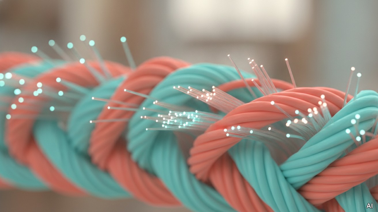 Ineinander verschlungene Glasfaserkabel symbolisieren digitale M&A.