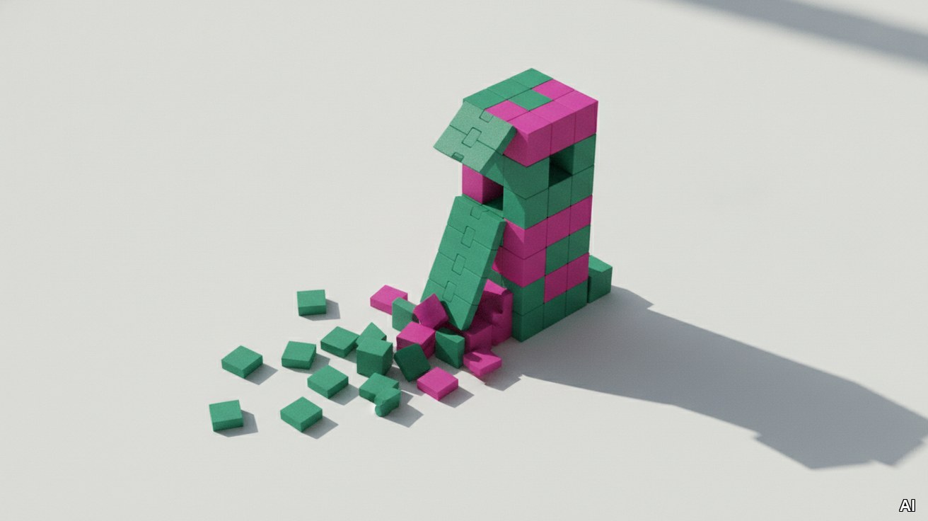 Modulare geometrische Bausteine in Grün und Magenta versinnbildlichen Wandel.