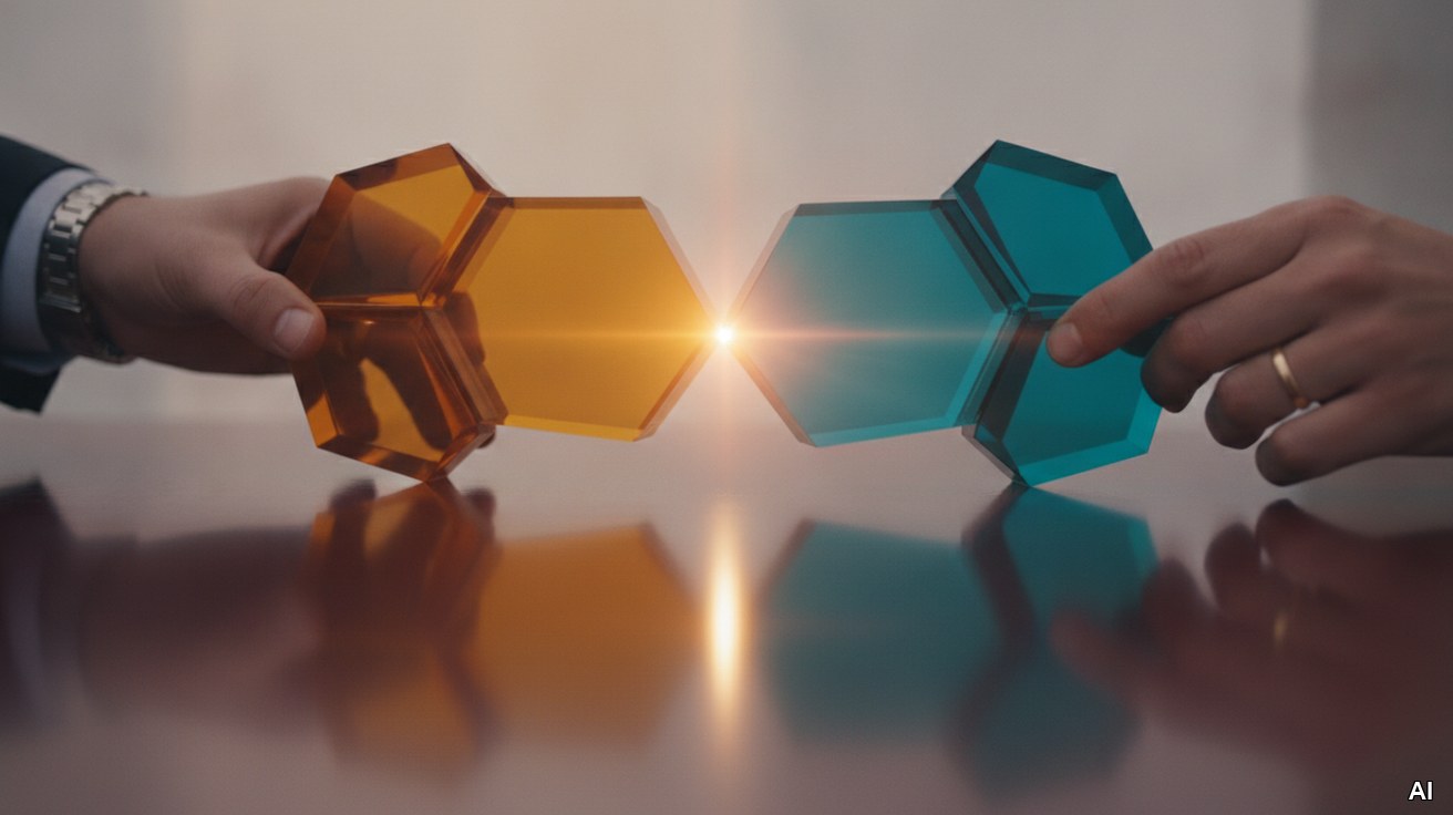 Zwei Hände bringen farbige Glasskulpturen als Symbol für Zielabgleichung zusammen.
