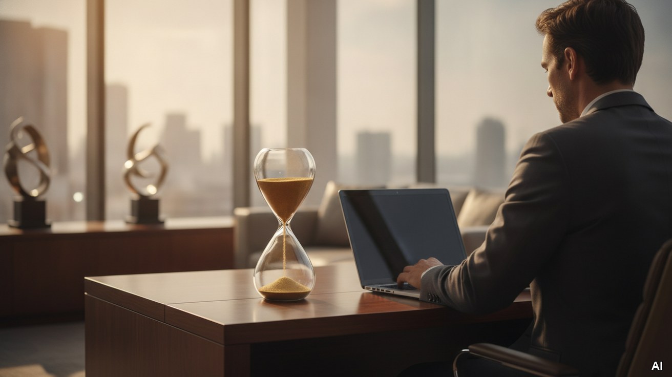Eine Sanduhr auf einem Schreibtisch symbolisiert schnelle Unternehmensliquiditaet.