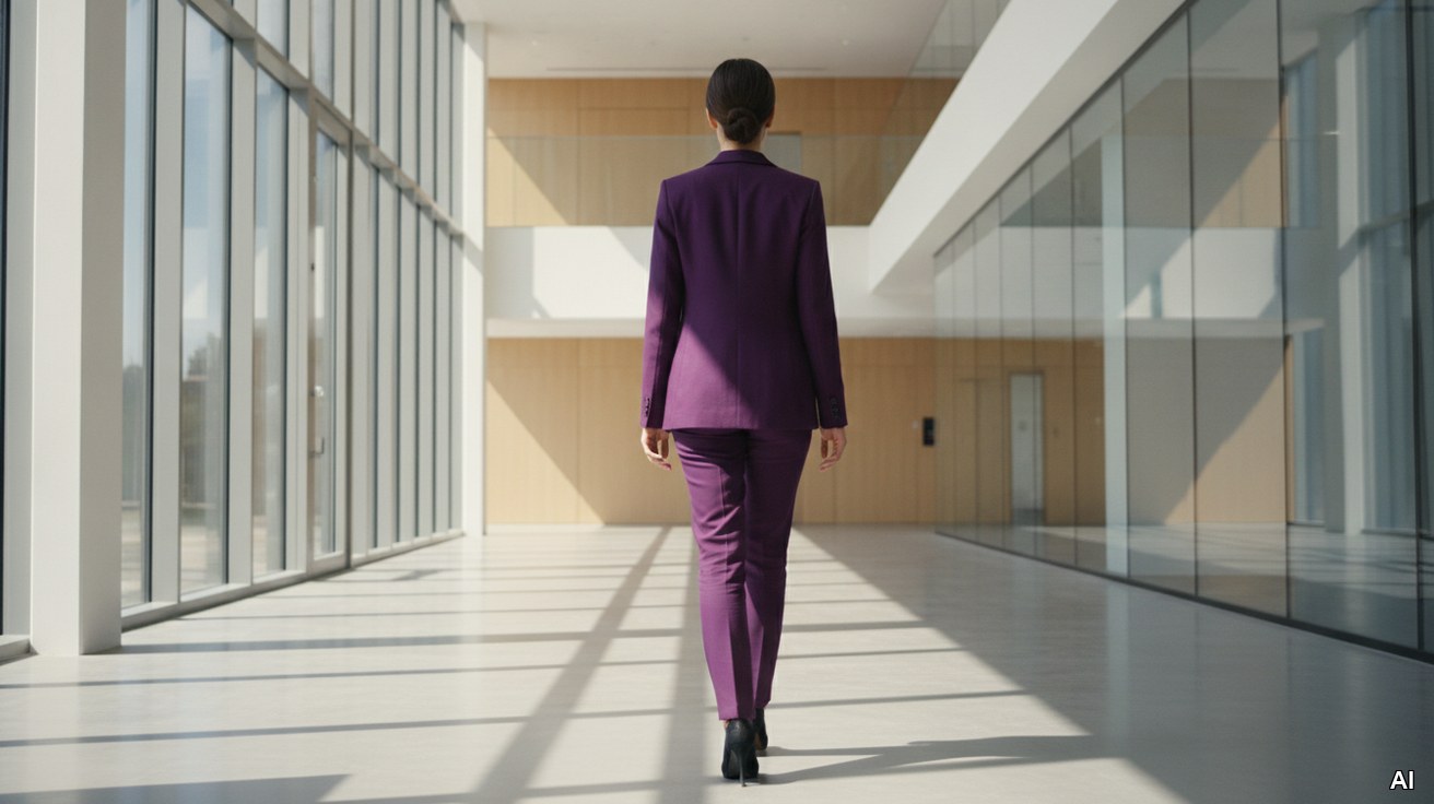 Eine Unternehmerin im violetten Blazer geht durch eine helle Architektur.