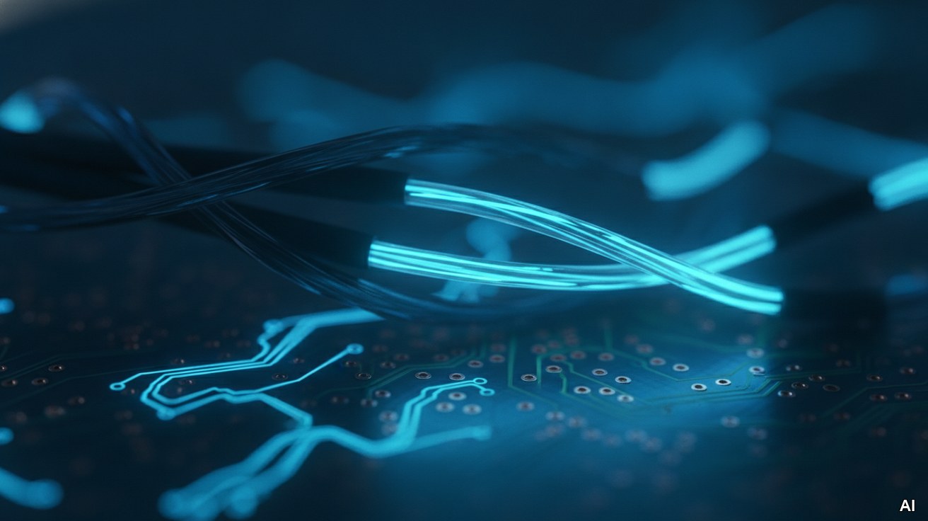 Leuchtende blaue Datenstroeme entlang von Glasfaserkabeln, Symbol fuer Digitalisierung.