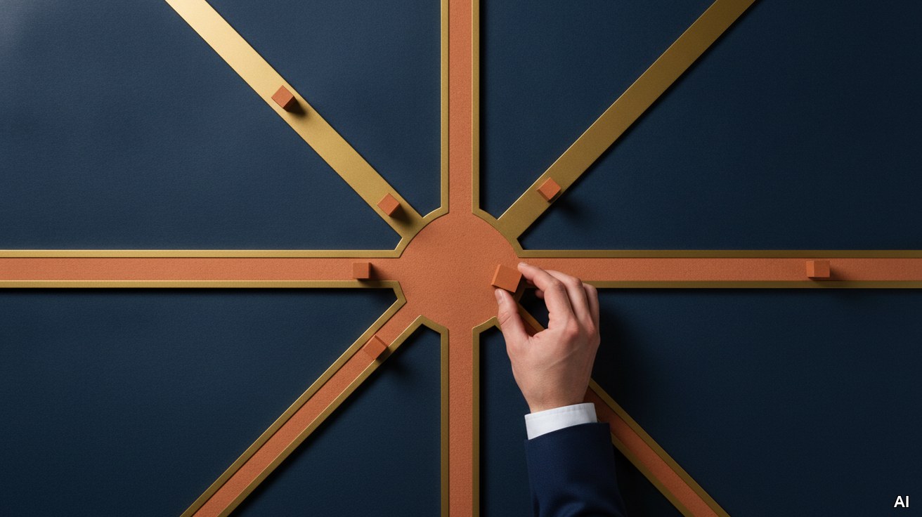 Strategische Wege der Unternehmensnachfolge als geometrische Pfade auf dunklem Grund.