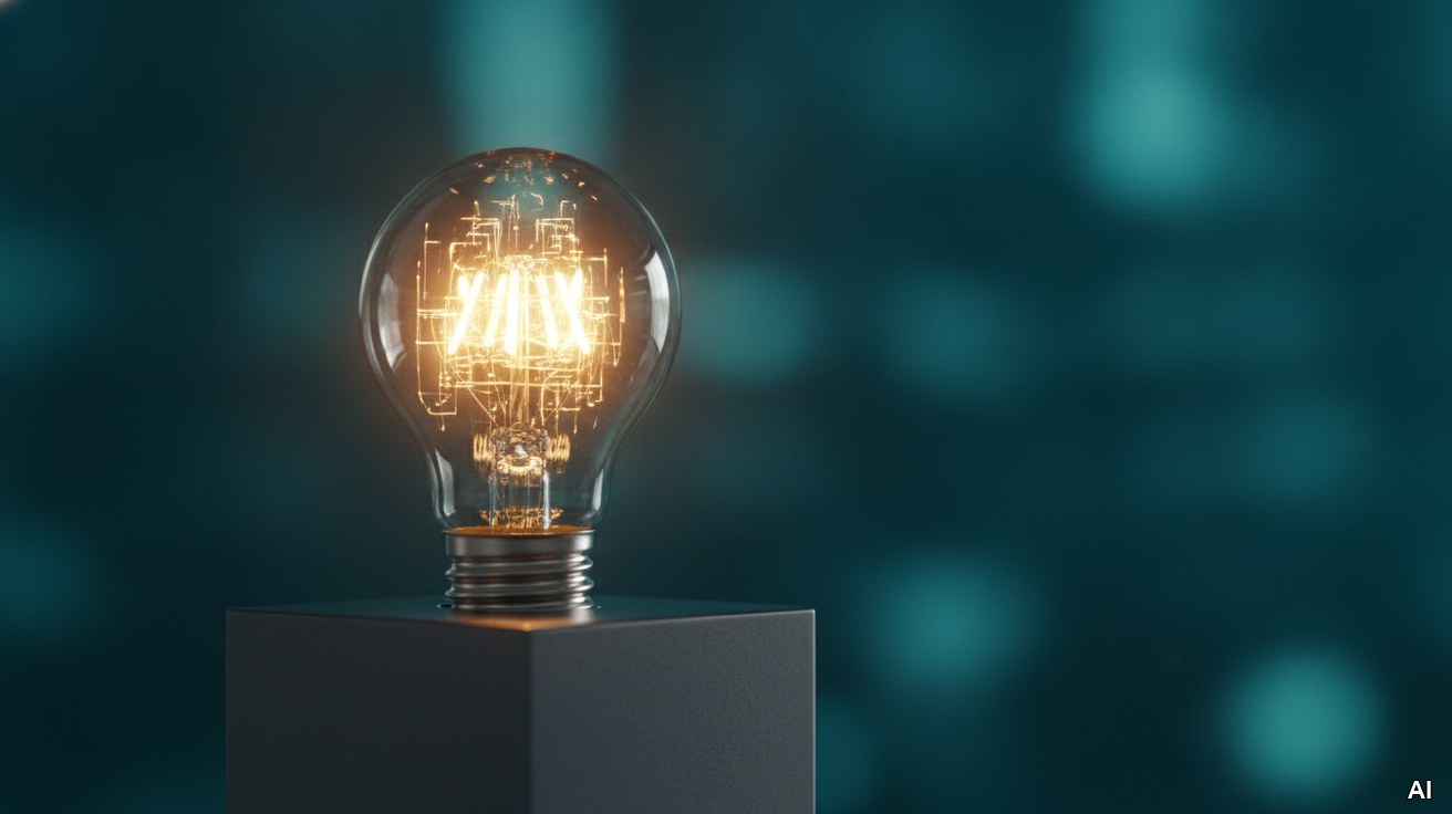 Eine leuchtende Glühbirne mit Mikrochip-Filamenten symbolisiert Innovationsfinanzierung.