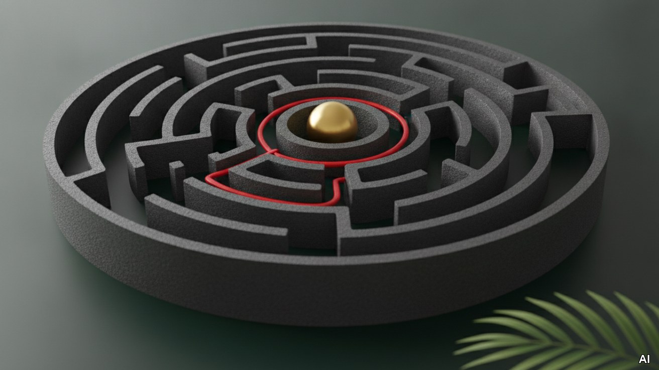 Ein roter Faden führt durch ein dunkles Labyrinth zu einem goldenen Objekt.