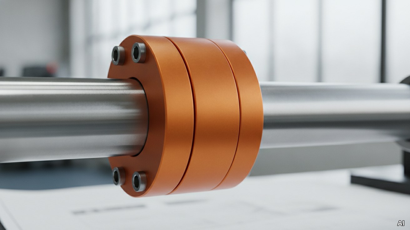 Orange Wellenkupplung als Symbol fuer Praezision und Nachfolge im Maschinenbau.