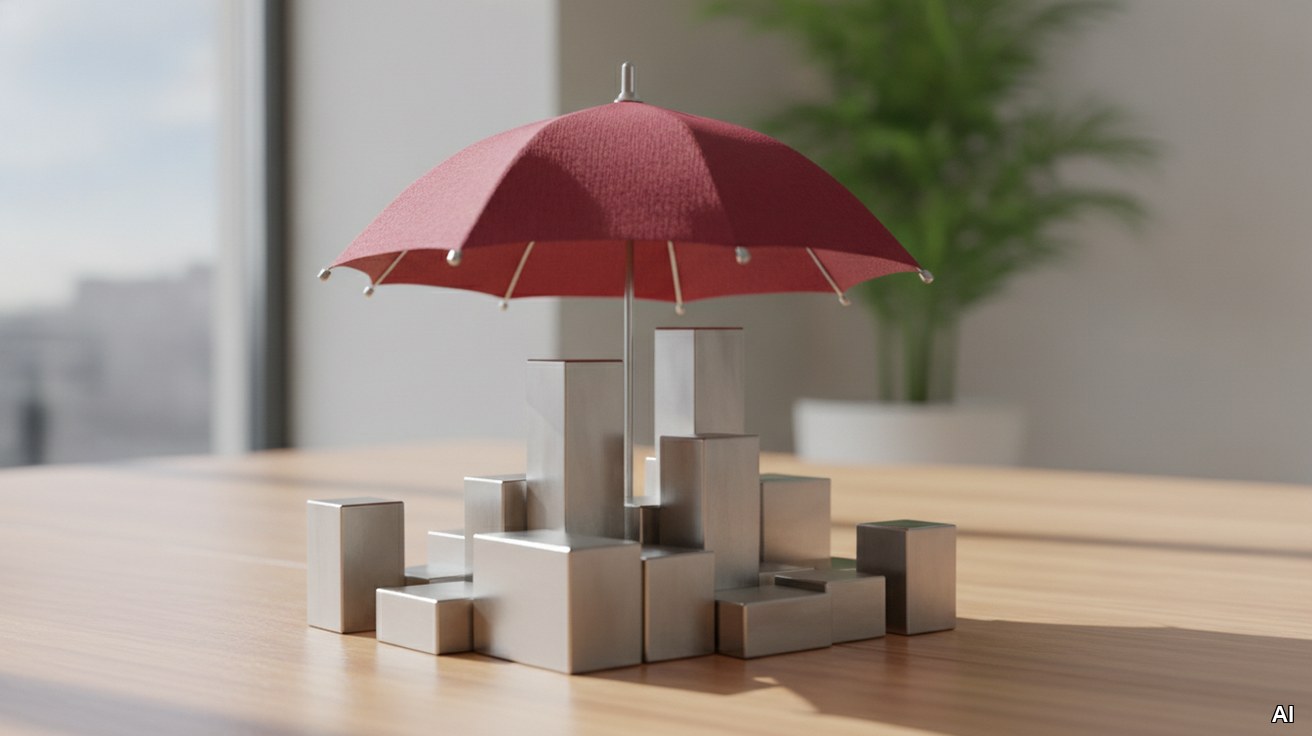 Ein roter Miniregenschirm schützt Bausteine als Symbol für Insolvenzschutz.