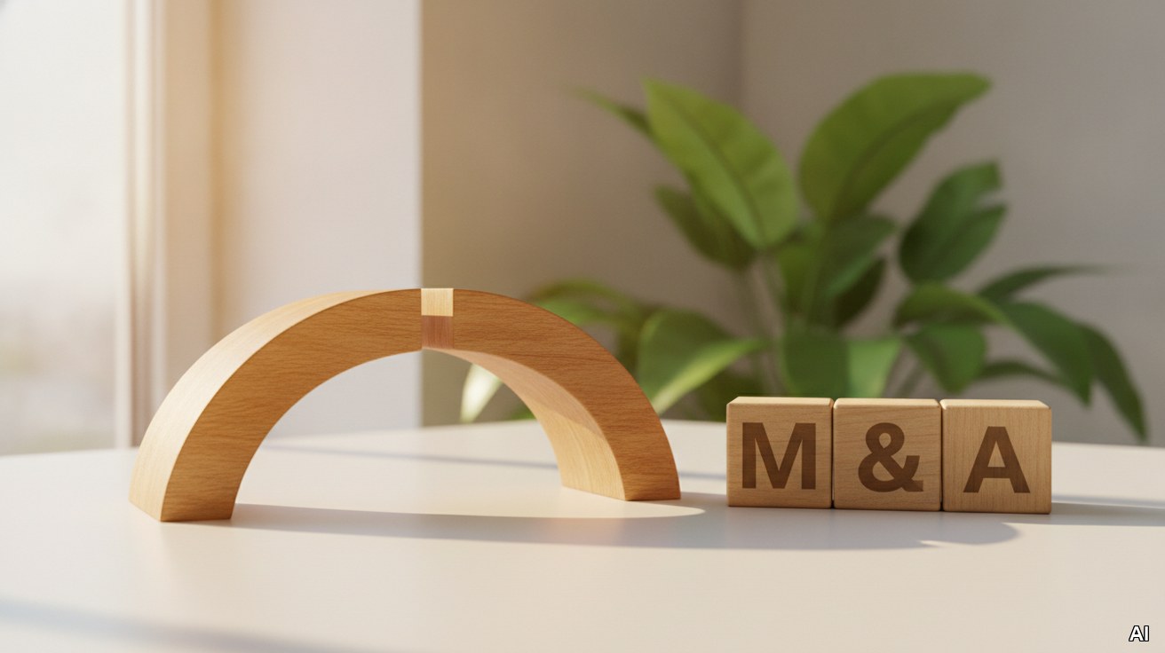 Zwei zusammengesetzte Holzbausteine bilden eine Brücke neben M&A-Buchstaben.