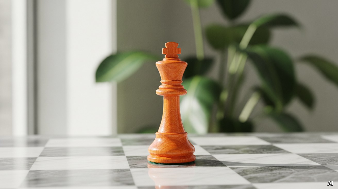 Eine orangefarbene Schachfigur auf einem weißen Marmorschachbrett.