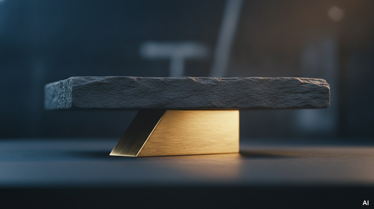 Goldener Keil stabilisiert eine dunkle Struktur als Symbol fuer Eigenkapital.