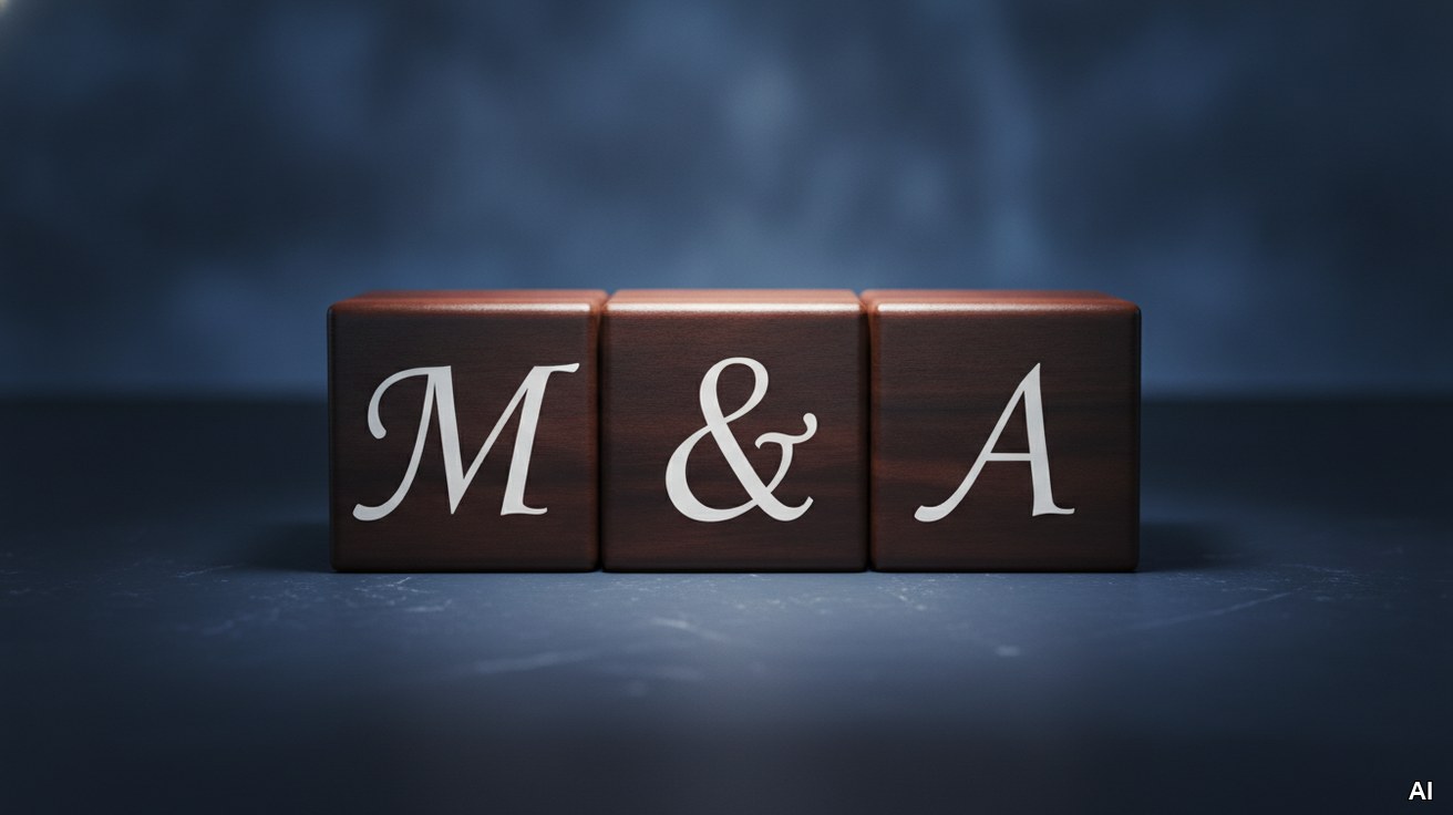Drei Holzwürfel mit den Buchstaben M&A auf dunklem Untergrund zur Finanzierung.