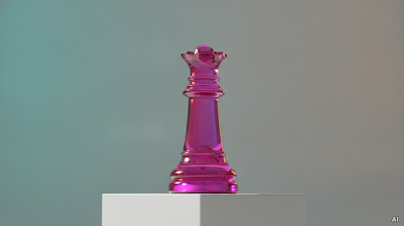 Magenta Schachkönigin auf einem Podest als Symbol für weibliche Führung.