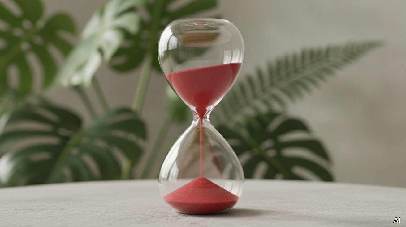 Sanduhr mit rotem Sand als Symbol fuer Zeitdruck beim Unternehmensverkauf.