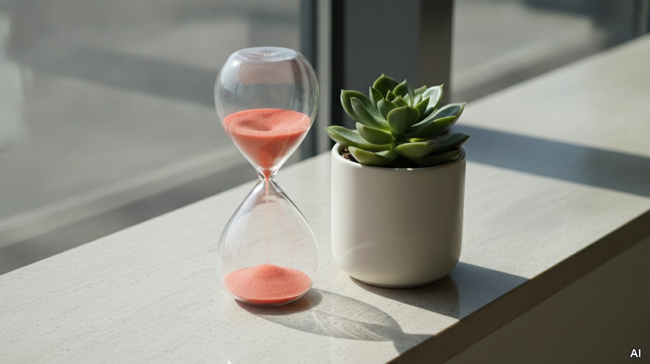 Eine moderne Sanduhr mit rotem Sand neben einer grünen Pflanze.