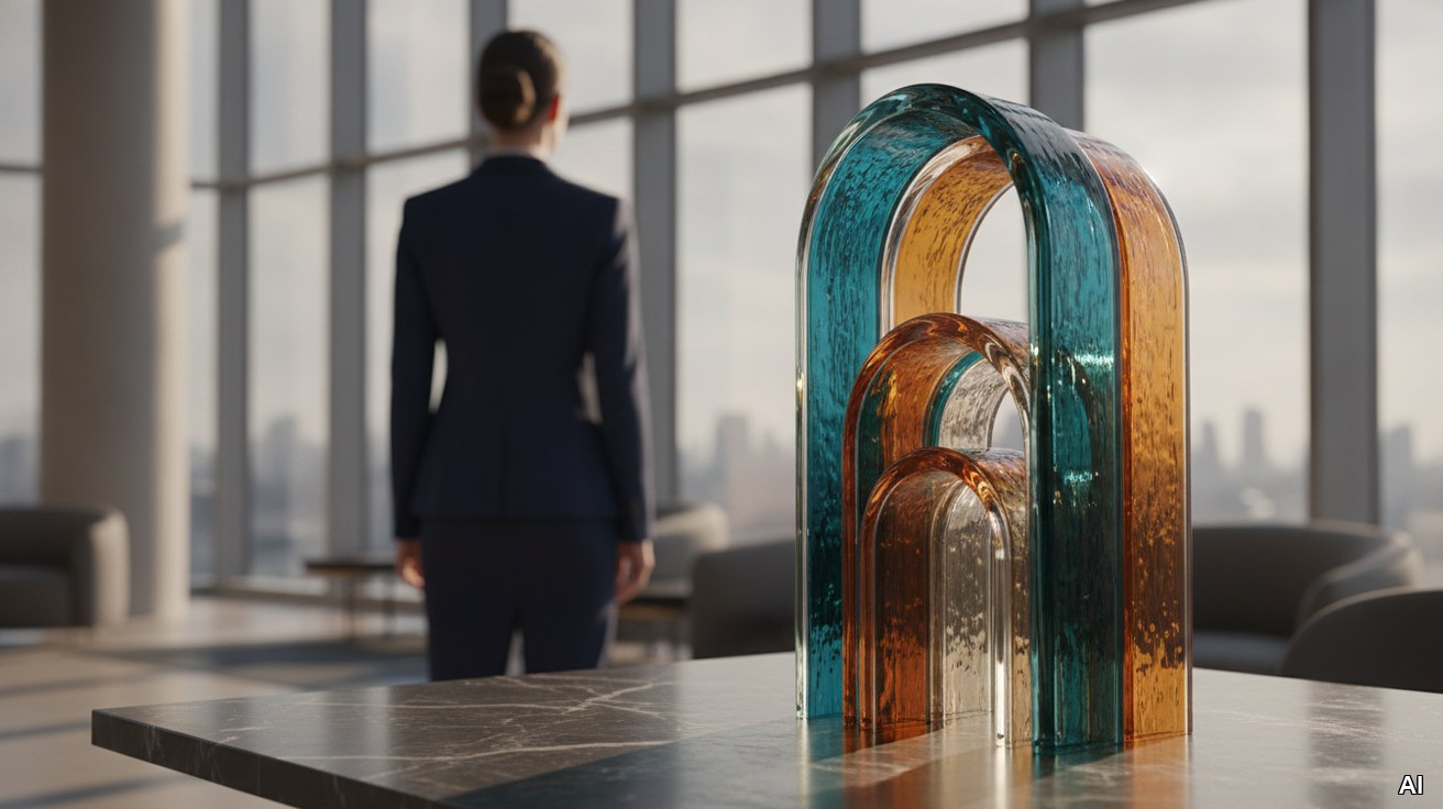 Farbenfrohe Glasskulptur und Frau im Hintergrund als Symbol fuer Nachfolge