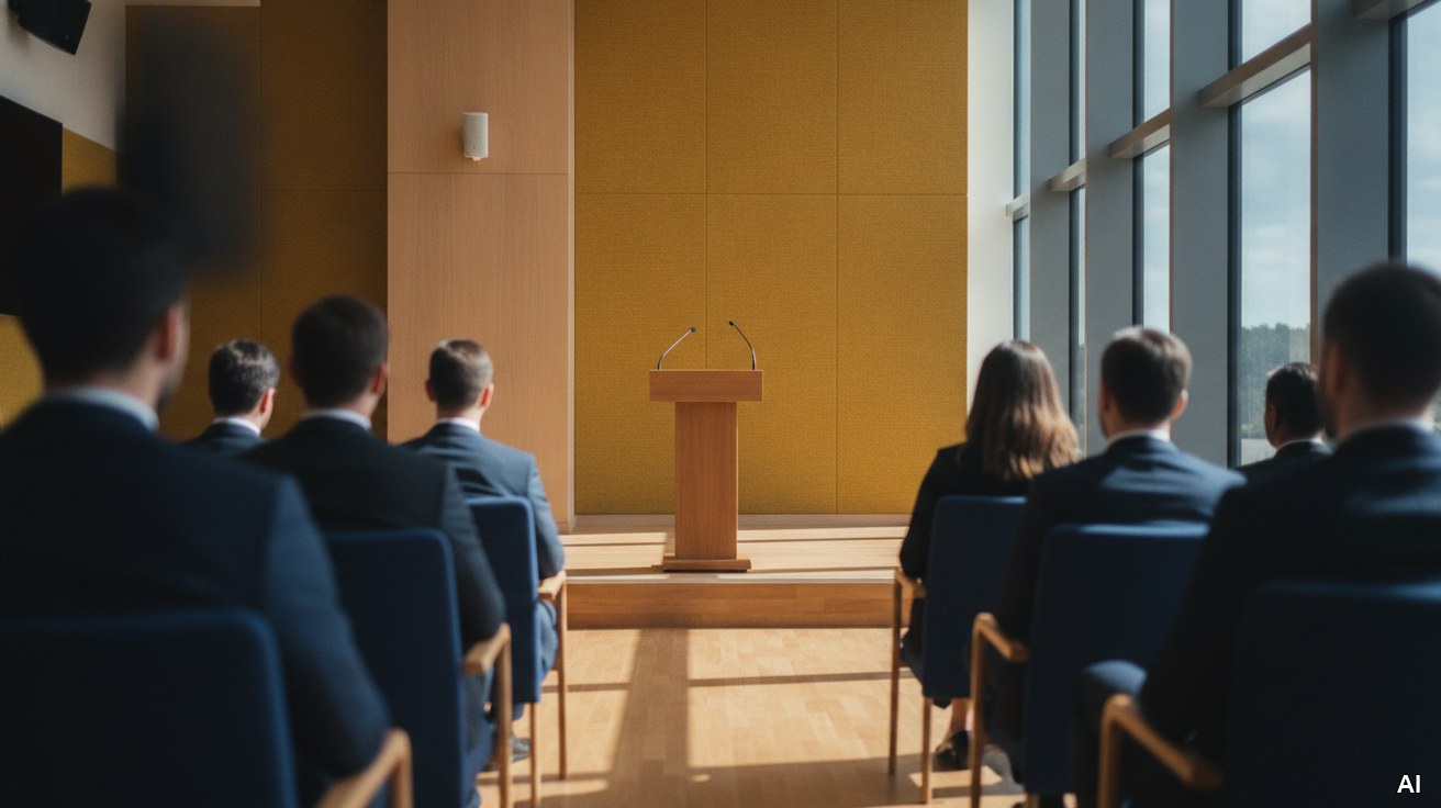 Mitarbeitende blicken von hinten in ein helles Auditorium vor einer Ankündigung.