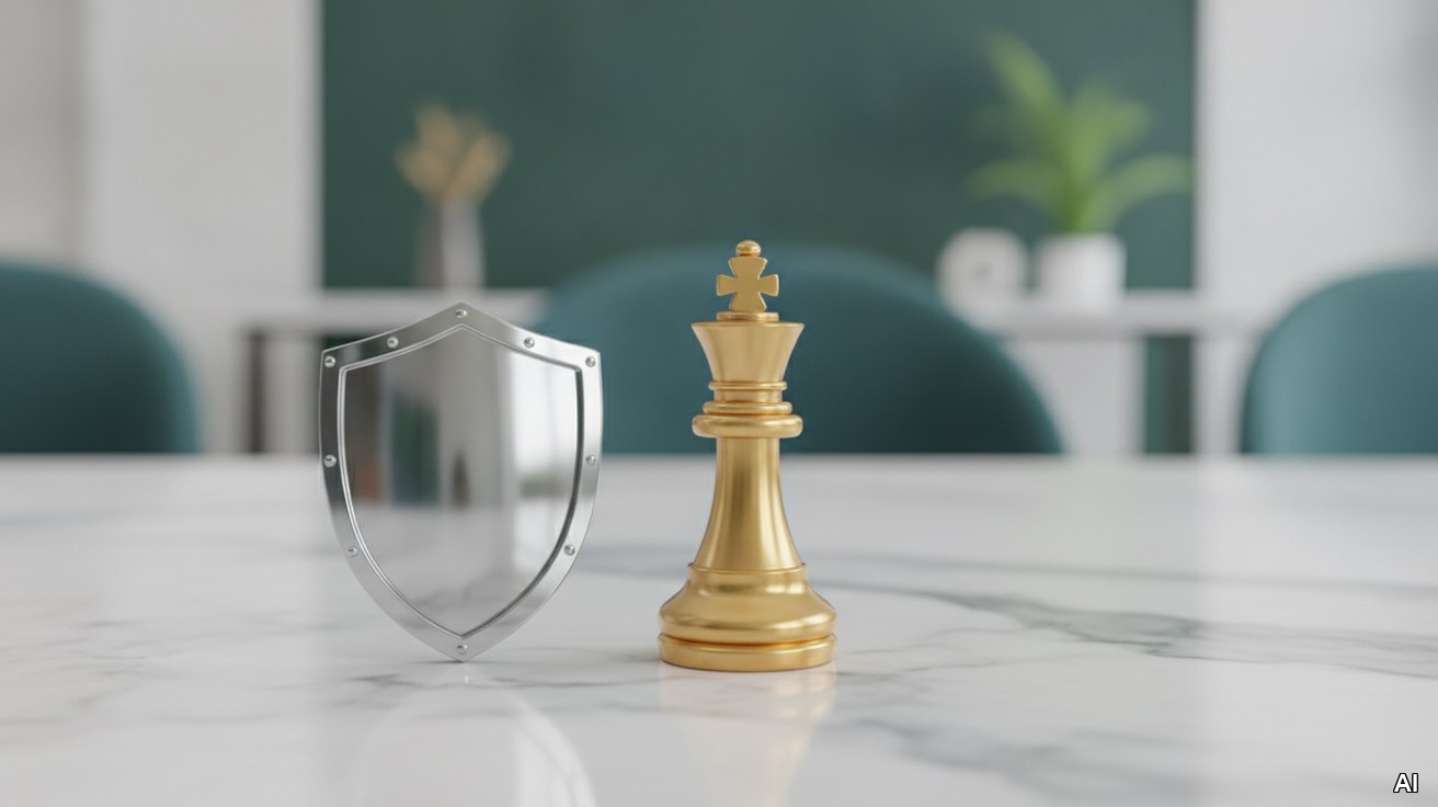 Ein metallisches Schutzschild steht neben einer goldenen König-Schachfigur.