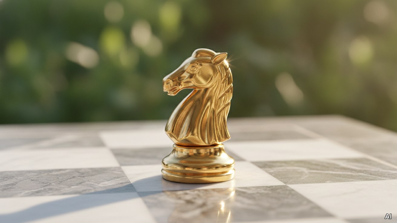 Ein goldenes Schachpferd auf einem Marmorbrett symbolisiert kluge Strategie.