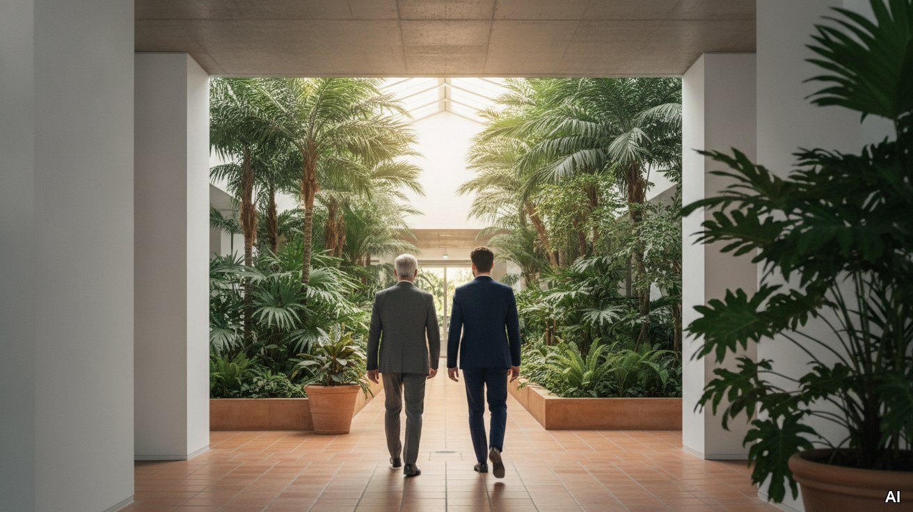 Zwei Unternehmer verschiedener Generationen gehen durch ein hellem Atrium.