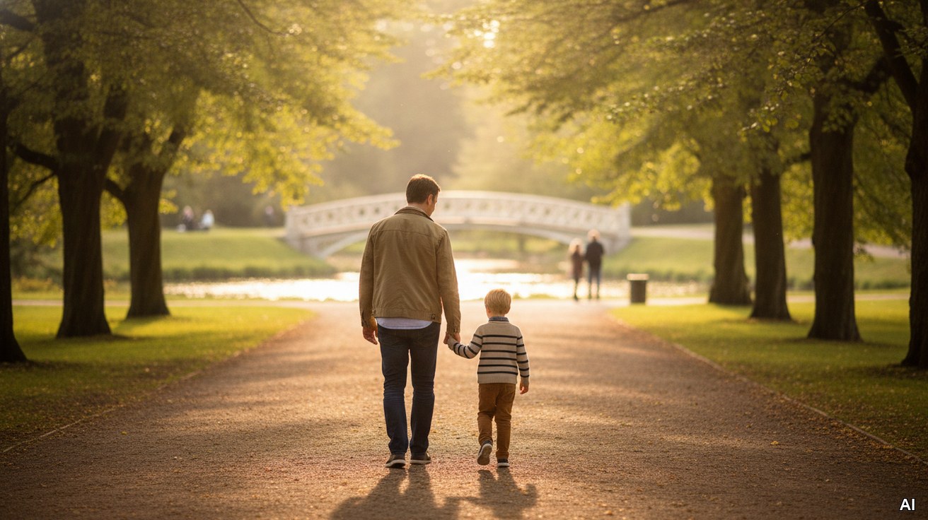 Vater und Sohn beim Spaziergang, Symbol fuer den Generationenwechsel.