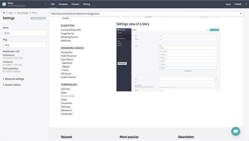 The settings view of a story.