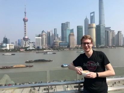 Christoph and the skyline of Shanghai in the background
