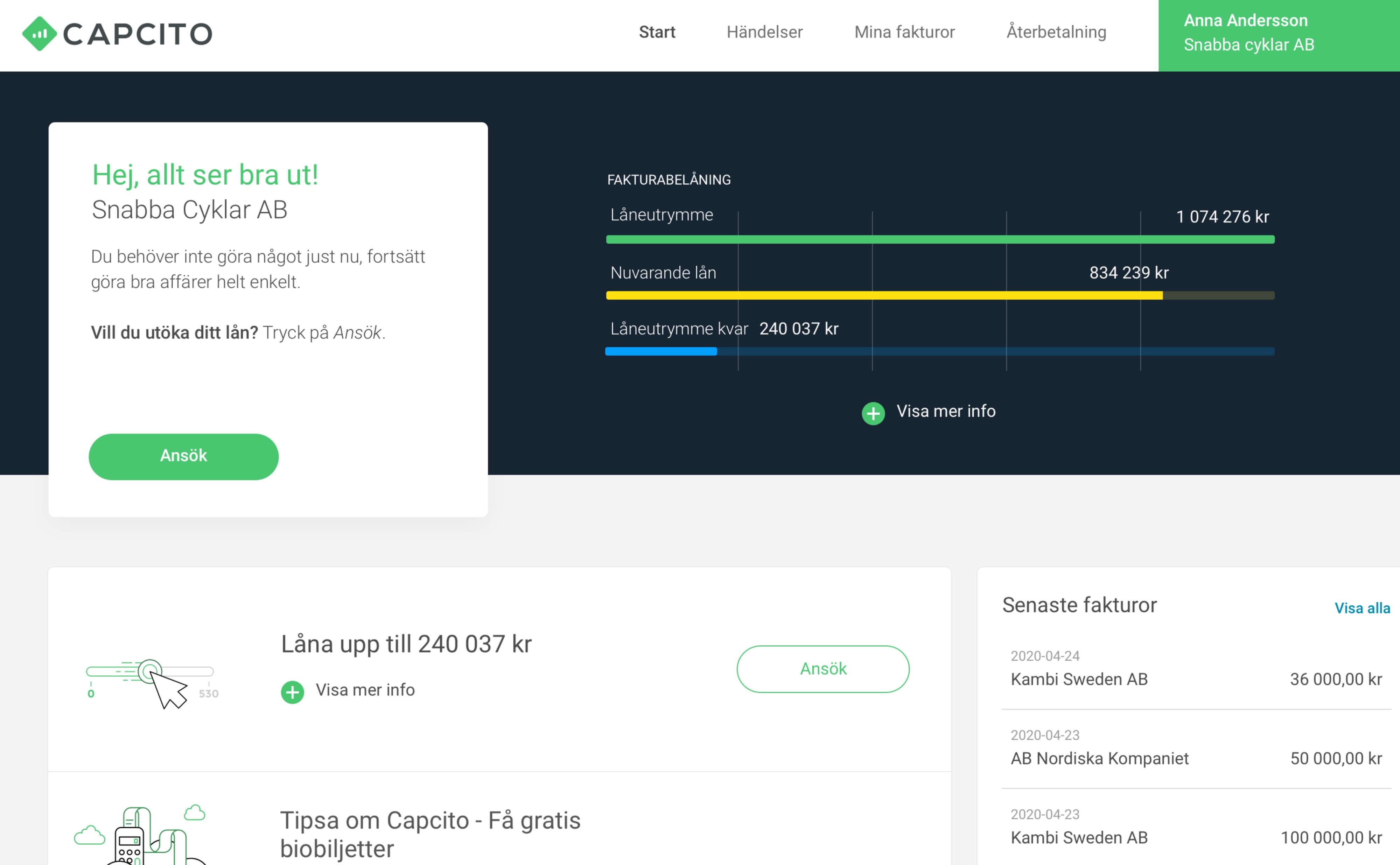 belåna fakturor dashboard capcito