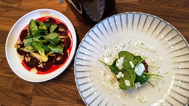 Rote Rüben Carpaccio & Topinambur-Maroni-Rösti