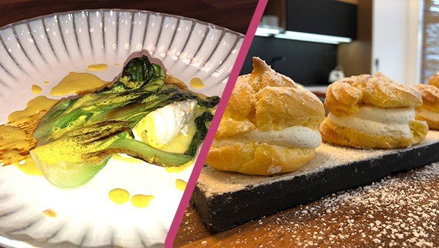 Kabeljau mit Pak Choi und gefüllte Windbeutel