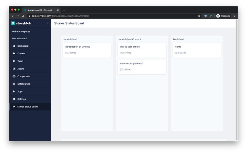 Stories Board created with Nuxt.js for Storyblok