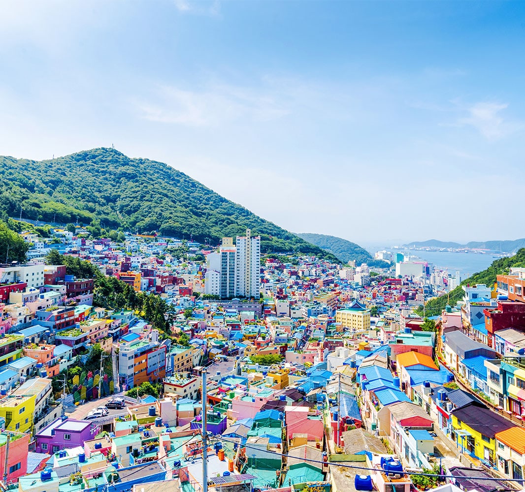 An aerial view of several brightly colored buildings situated tightly next to each other with the sea in the background