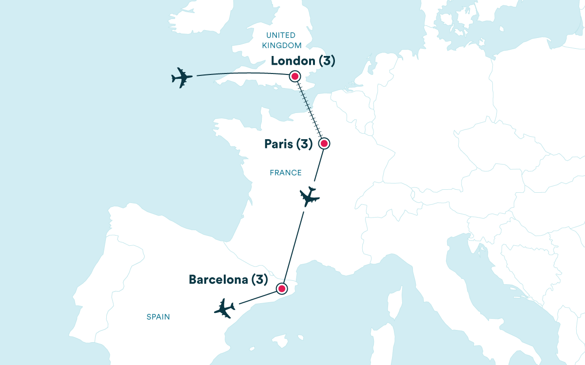 Map for the New Year's in London: Barcelona, Paris & London tour