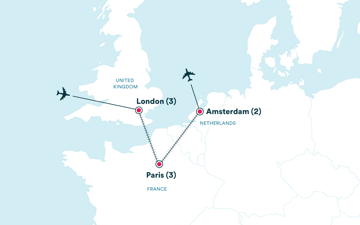 Map for the New Year's in London: Amsterdam, Paris & London tour