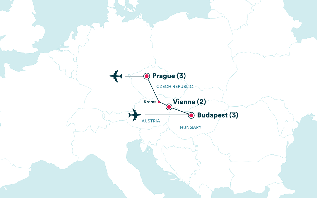 Map for the New Year’s in Vienna: Budapest, Vienna & Prague (Plus) tour