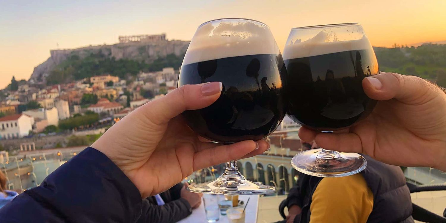 Rooftop taverna in Athens, Greece with view of the Acropolis