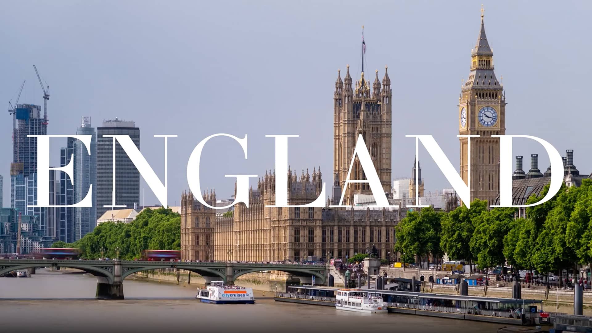 "England" text over River Thames, Palace of Westminster and Big Ben clock tower