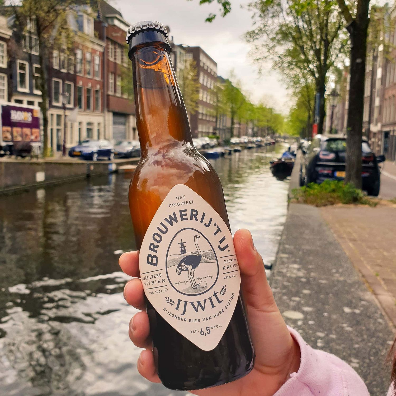 Someone holding a local Amsterdam beer bottle while standing by the city's famous canals.