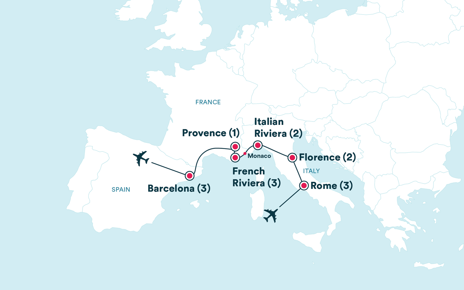 Map for the Italy, France & Spain tour