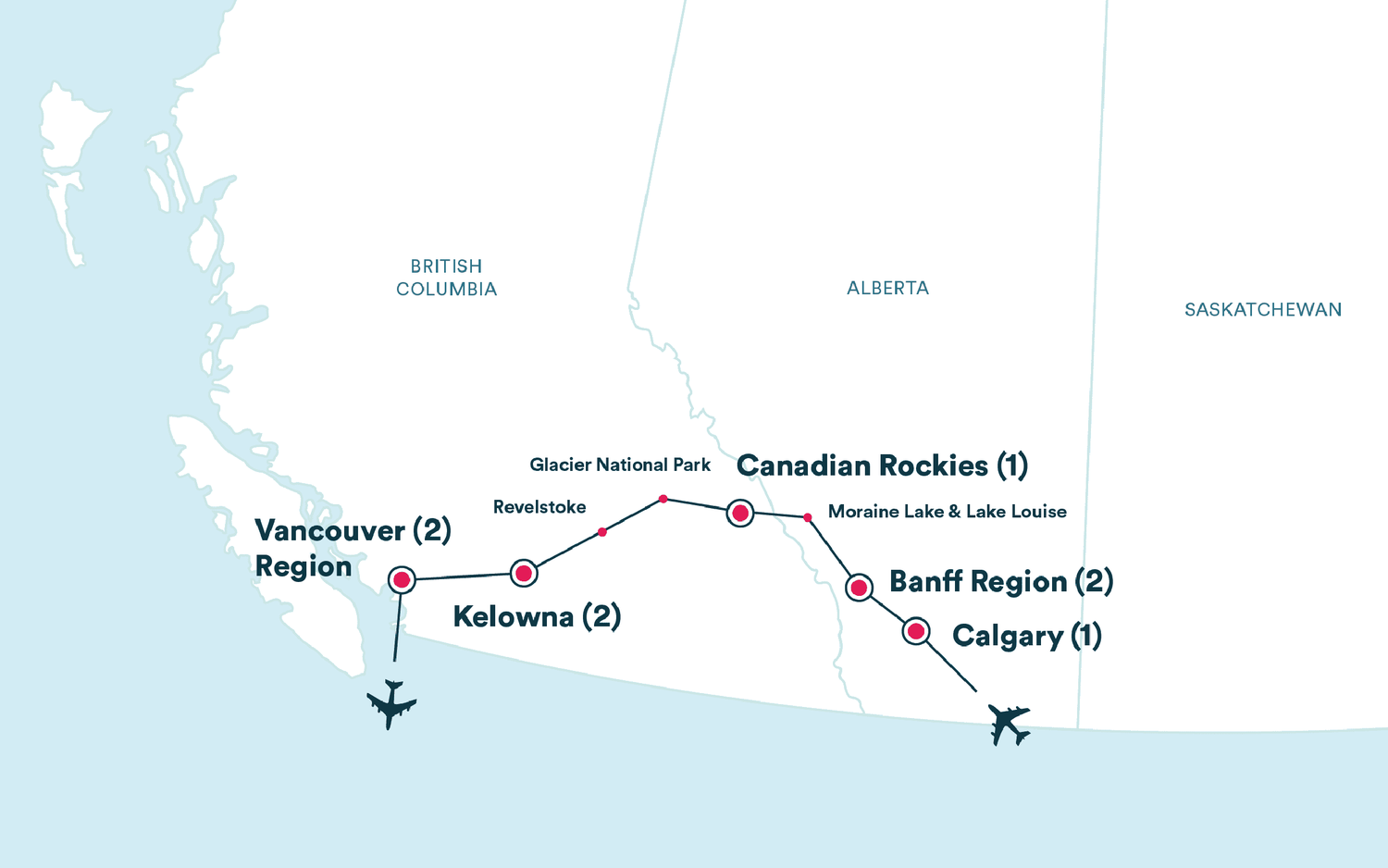 Map for the Canadian Rockies: Banff to Vancouver tour