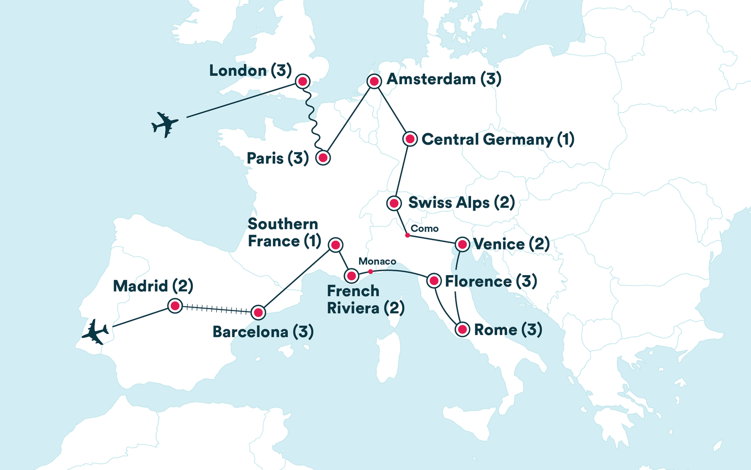 Map for the Grand Tour of Europe: Plus tour