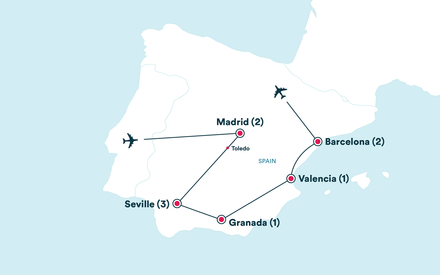 Map for the Spanish Road Trip tour