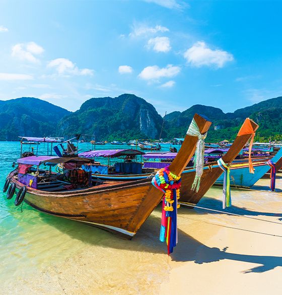 Several wooden boats with bright decorations covering the boats docked on the shoreline with foliage-covered mountains in the background