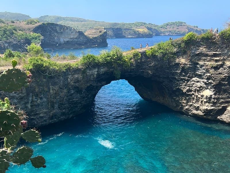 Several people crossing a natural bridge over the turquoise water of an ocean cove with cacti in the foreground.