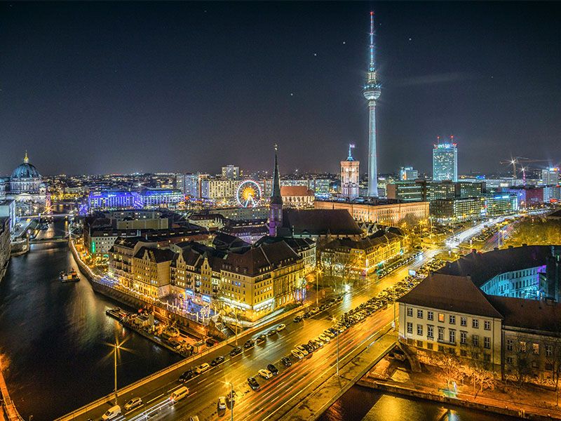 Berlin skyline lit up at night