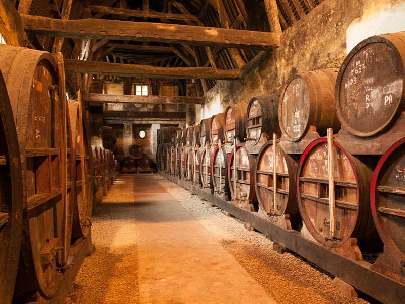 A row of wooden barrels in an old building with wooden beams.