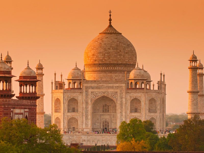 The Taj Mahal in Agra, India, at sunset.