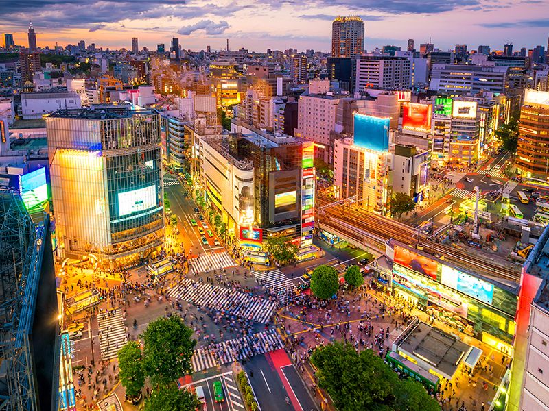 An overhead view of Shibuya Crossing, Tokyo.