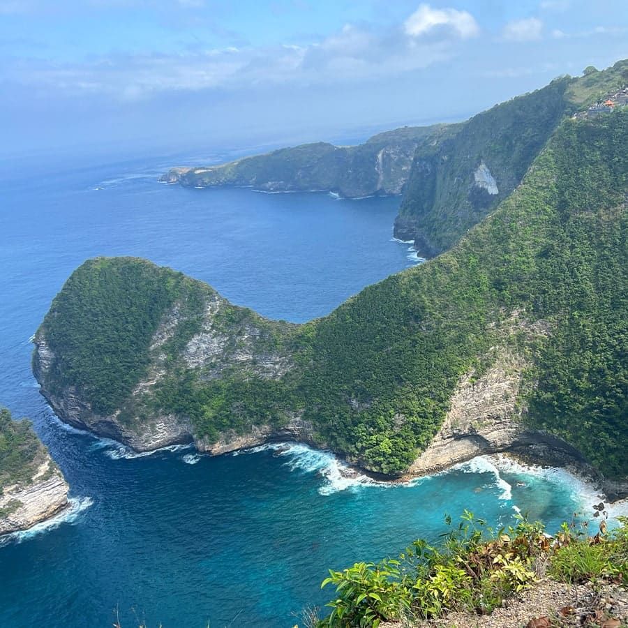 Ocean cove with turquoise water crashing against a rocky formation covered in green trees. 