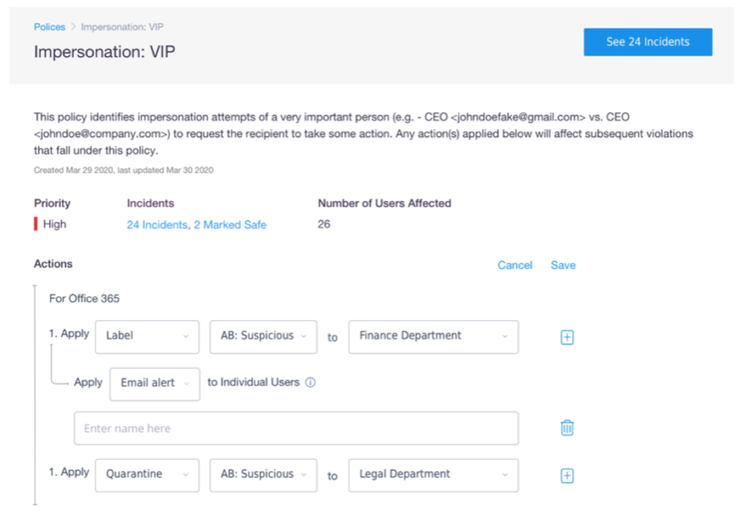 Customizable threat remediation actions in Armorblox